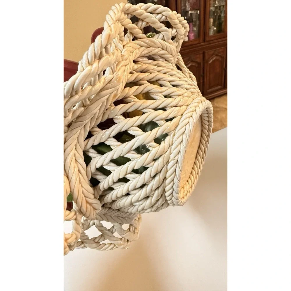 Vintage Italian Style Ceramic Fruit Basket Woven Lattice Centerpiece Decor‎